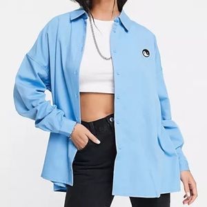 Noisy May Yin Yang Oversized Button Down Shirt Long Sleeve Blue Patch